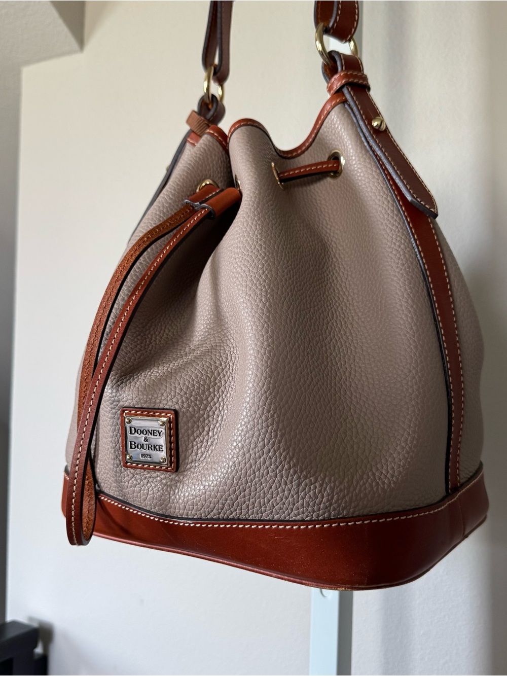 Dooney & Bourke Pebble Leather Drawstring Bucket Bag Taupe Brown - Picture 6 of 17